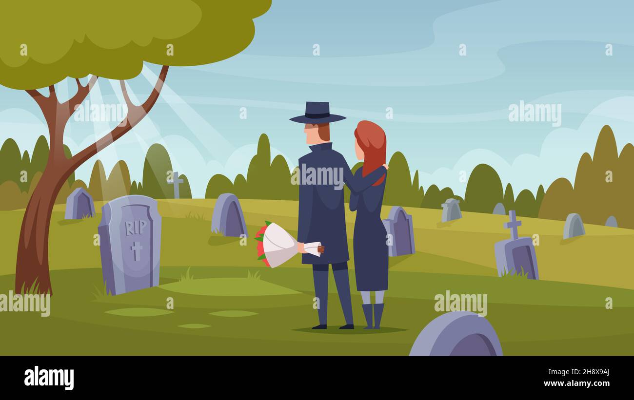 Todesdienste. Rituelle Zeremonie nach Sterben Verlust weinen Personen rippen Grab Sarg Auswahl genaue Vektor Cartoon Hintergrund Stock Vektor