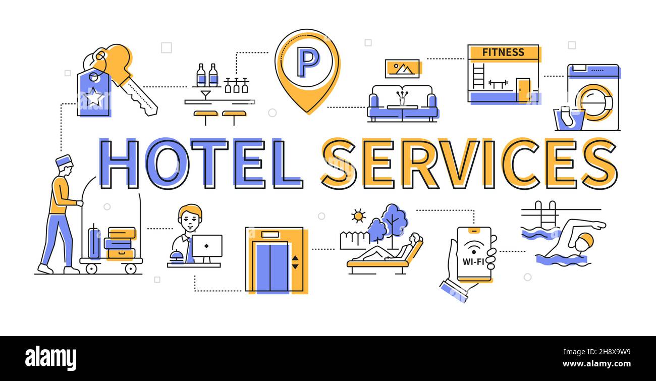 Hotelservice - Banner im farbenfrohen Liniendesign. Komfortable Urlaubsidee. Bilder von einer Bar, komfortablen Zimmern, Fitnessbereich, Swimmingpool, Parki Stock Vektor