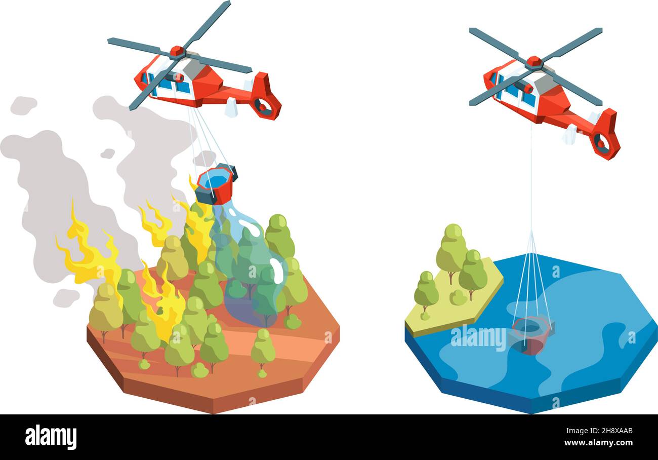 Waldbrand. Militärische Hubschrauber Rettung Natur Katastrophe sichere Flamme Explosion Wasser Brandbekämpfung grellen Vektor isometrische Zusammensetzung Stock Vektor