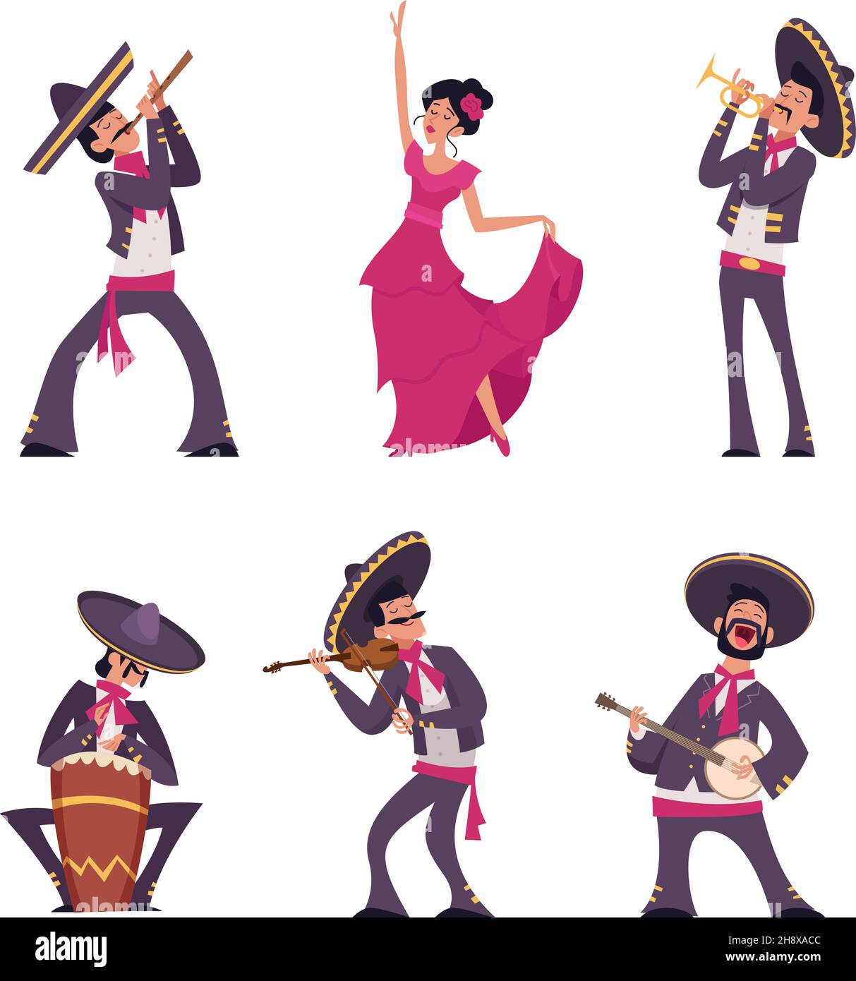 Mexikanische Charaktere. Traditionelle authentische hispanische mexikanische Person männliche und weibliche nationale Kleidung sombreros charros genaue Vektor Cartoon Menschen Stock Vektor