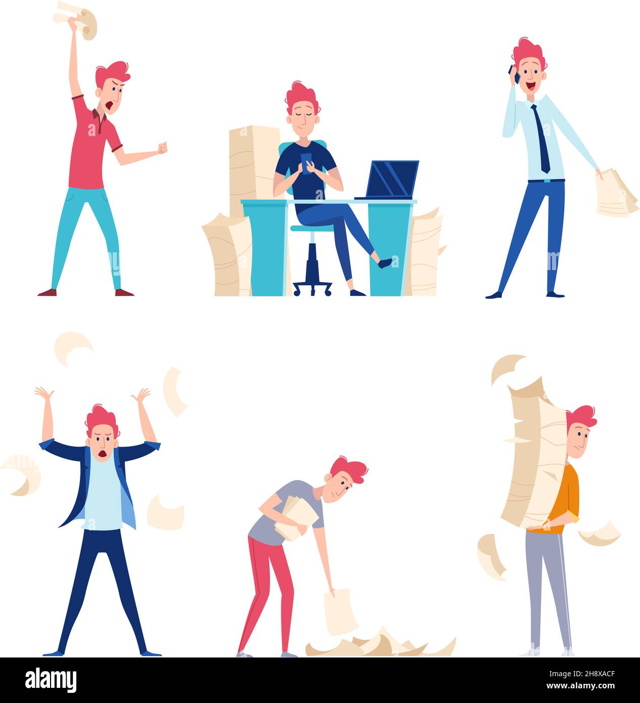 Unorganisierte Menschen. Bürochaos Geschäftskonflikt chaotische Prozesse Problem Zeitmanagement exakte Vektorzeichen Stock Vektor