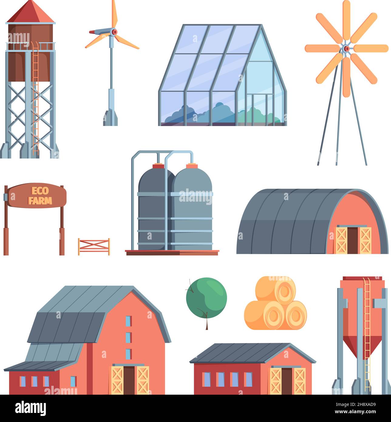 Ländliche Gebäude. Bauernhof landwirtschaftliche Sammlung Holzhäuser und verschiedene professionelle Fahrzeuge Lager Windmühle grellen Vektor Cartoon-Set Stock Vektor