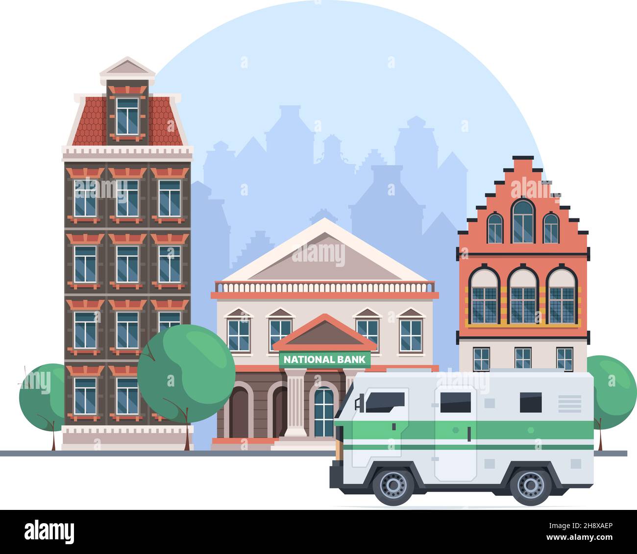 Autobank. Sammler Fahrzeug Bargeld Geld Laden Finanzen Dienstleistungen grellen Vektor Cartoon Hintergrund gepanzerte Transport Illustration Stock Vektor