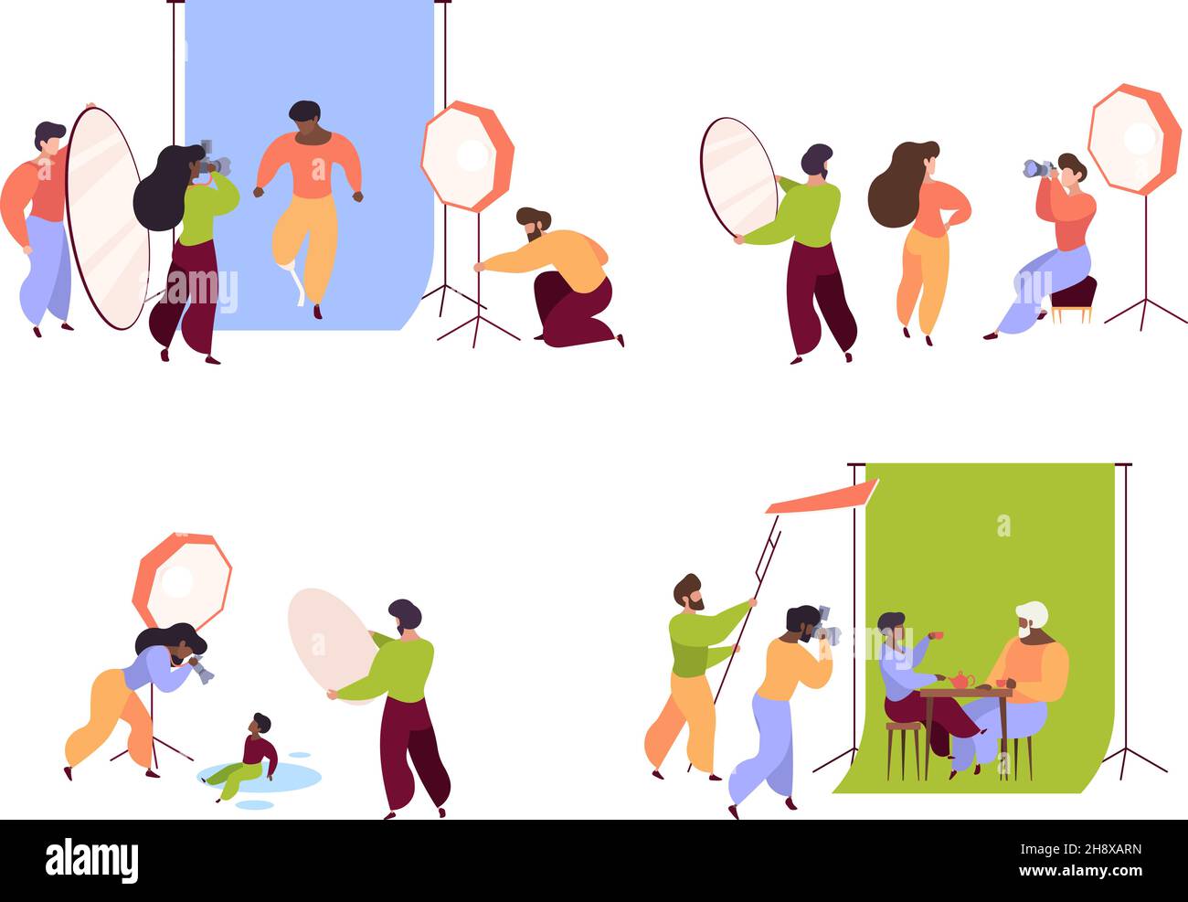 Studiofotografen. Digitalkamera-Aufnahmen professionelle Modellierung posiert in Studio-Medien Schöpfer grellen Vektor-Konzept Szenen Stock Vektor