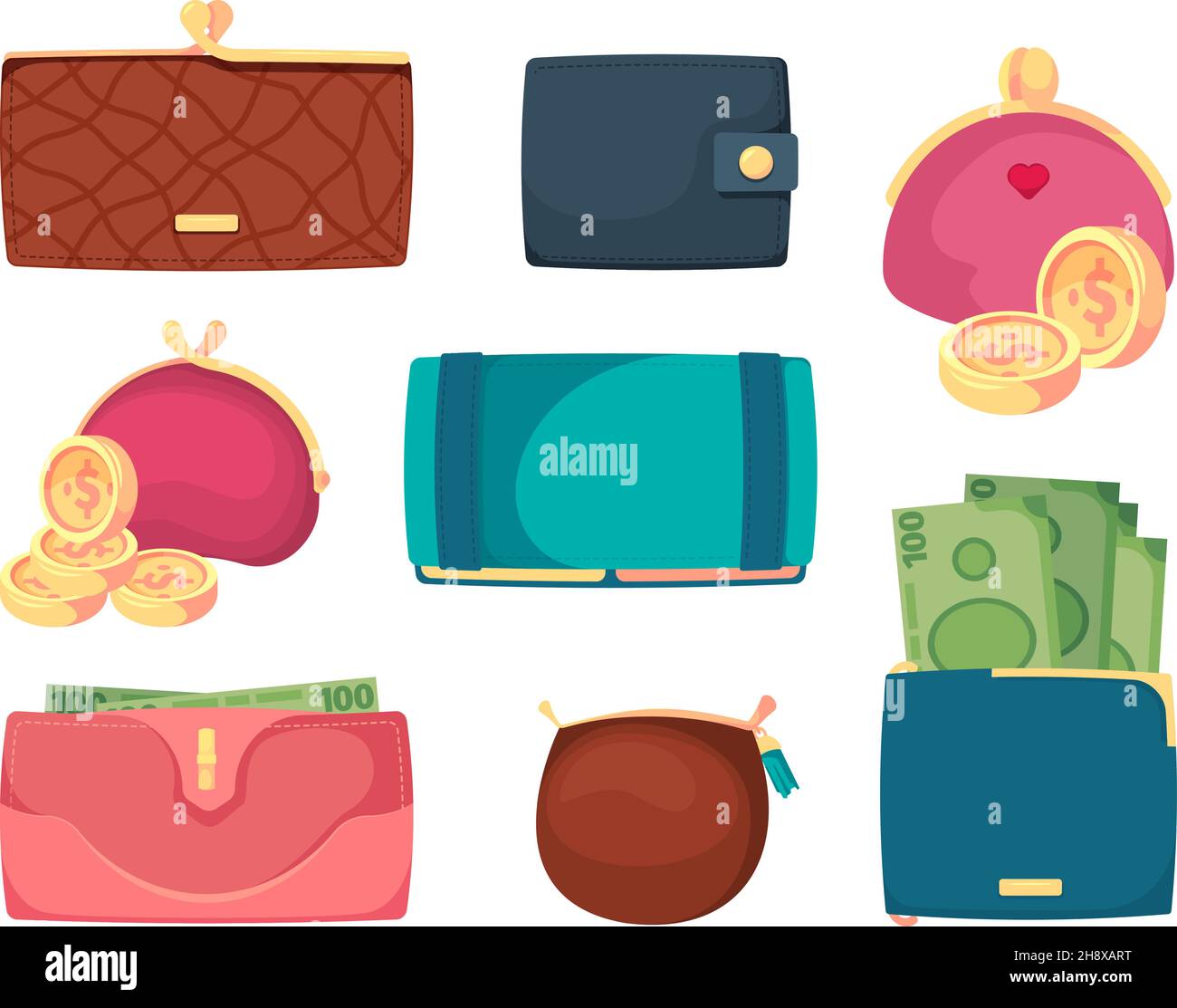 Ledertaschen. Business Treasures Dollar Goldmünzen in Sack und Geldbörsen für Männer und Frauen grellen Vektor Illustrationen Sammlung Stock Vektor