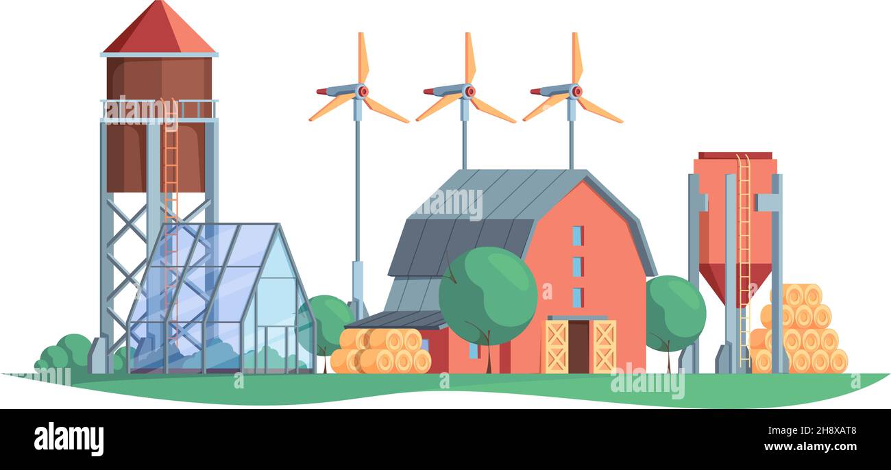 Hintergrund der Landwirtschaft. Bauernhof ländliche Gebäude Windmühle und Fahrzeuge grellen Vektor Cartoon Illustration Stock Vektor