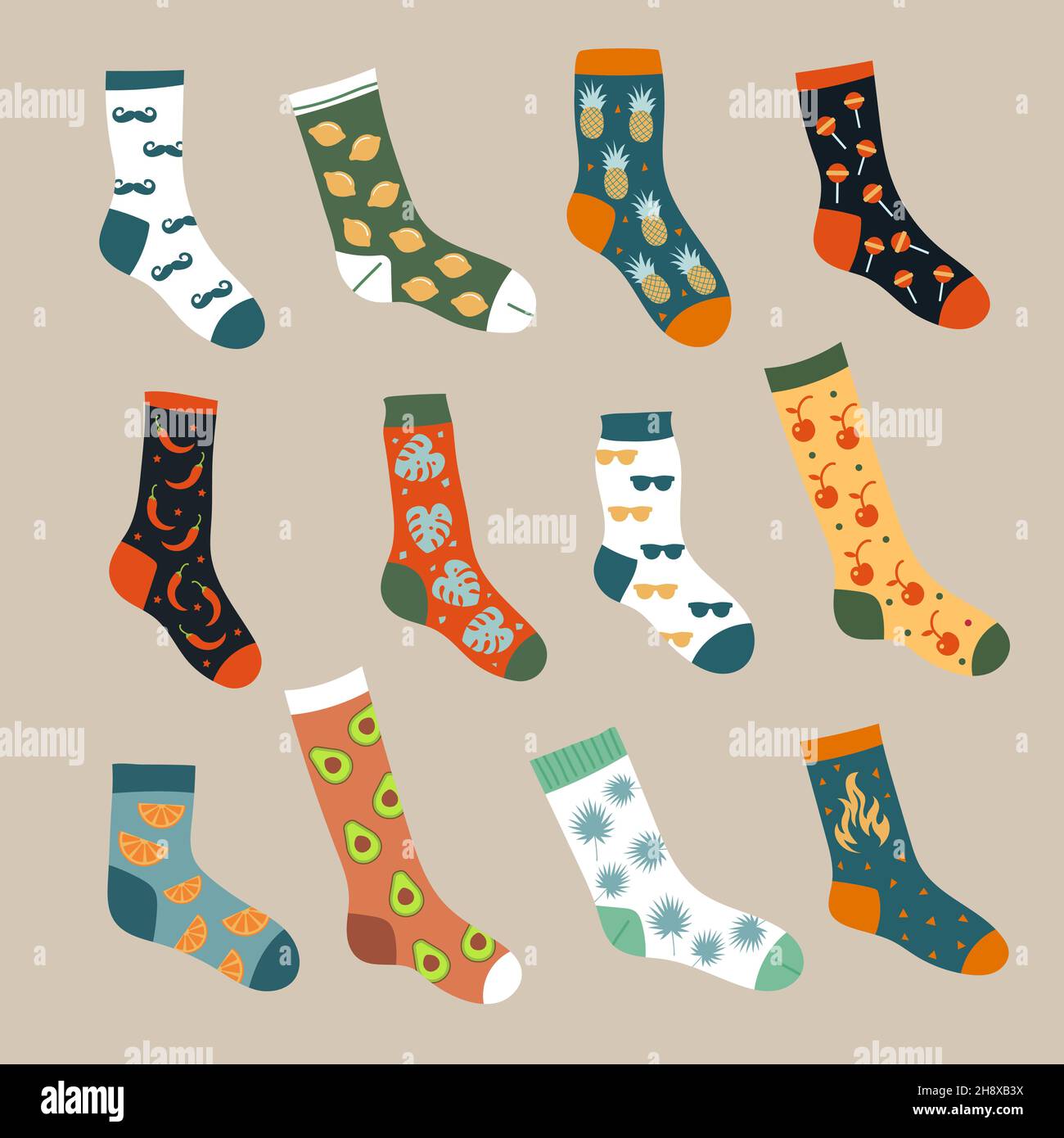 Socken-Kollektion. Trendy Fuß trägt ornamental Textil Wolle gestrickt stilvolle Kleidung aktuellen Vektor Socken Illustrationen in flachem Stil Stock Vektor