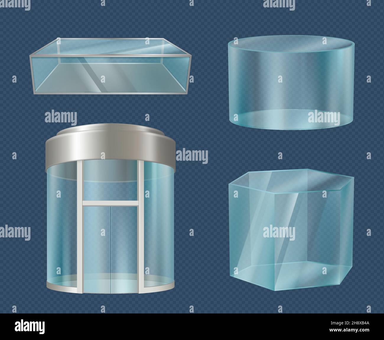 Gläserner Aufzug. Moderne transparente 3D Boxen stilvolle Formen Würfel Zylinder Mall Schaufenster für die Werbung anständige Vektor realistische Illustrationen Stock Vektor