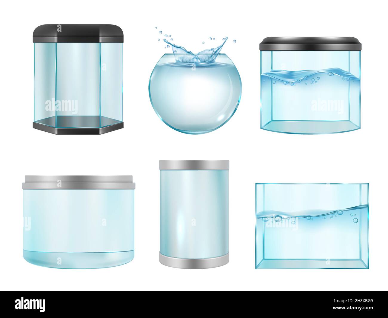Aquarium für Fische. Leere transparente realistische Gehäuse für Unterwasserlebensbehälter verschiedene geometrische Formen anständige Vektor-Aquarienbilder Stock Vektor