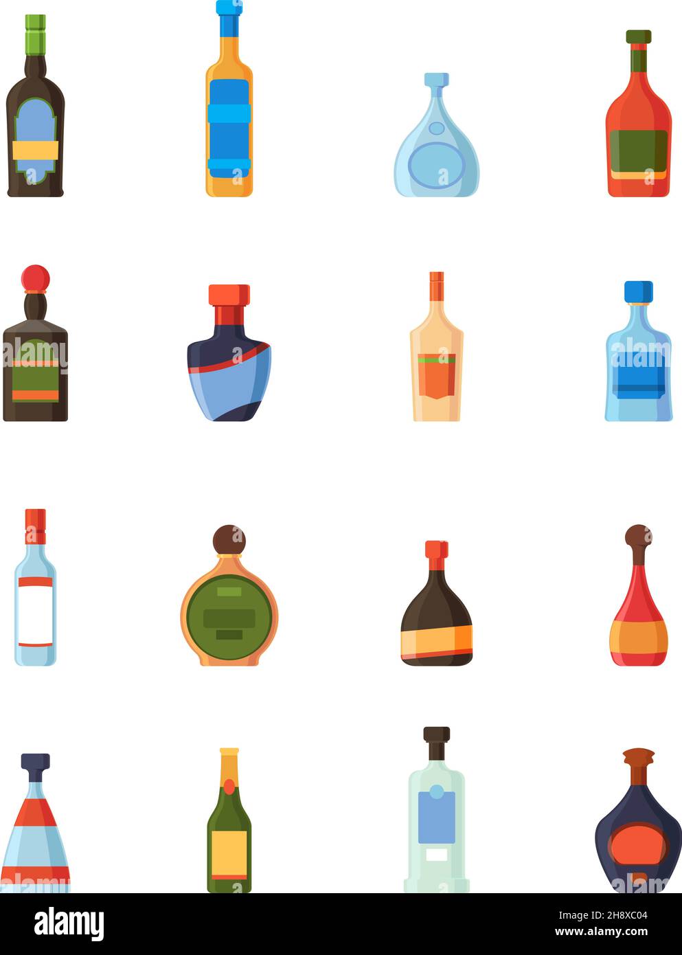 Alkoholische Flaschen. Restaurant Bar alkoholische Getränke Kunststoff-und Glasflaschen mit Etiketten Wodka Rum Tonic Likör Tequila grellen Vektor-Bilder gesetzt Stock Vektor