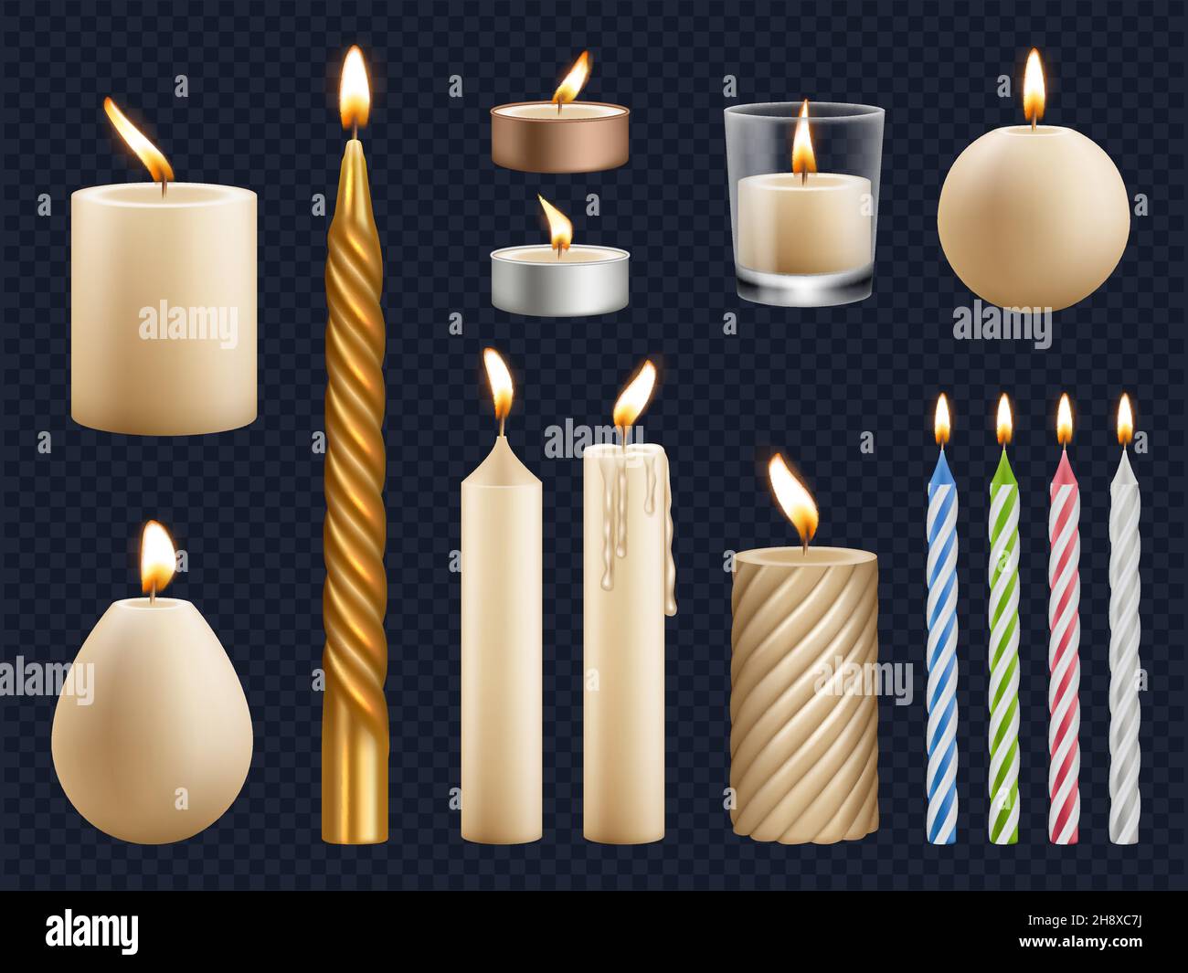 Realistische Kerzen. Kirche Wachs Kerzen Sammlung Geburtstag Feier Feuer Gegenstände Beleuchtung leuchten Effekte anständige Vektor-Vorlagen isoliert gesetzt Stock Vektor