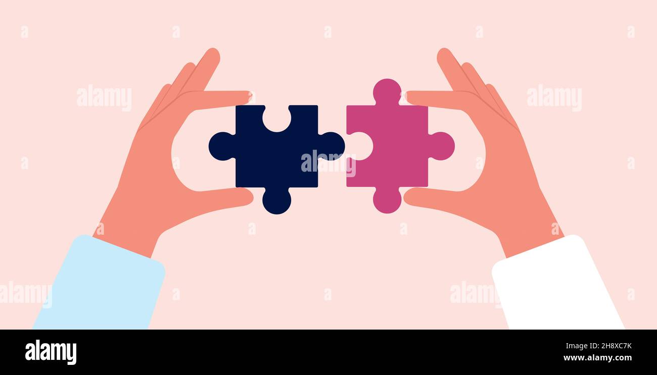 Sammle Puzzles. Hände halten Puzzleteile. Teile verbinden, Zusammenarbeit oder geschäftliche Zusammenarbeit Metapher. Vektorkonzept Teamwork Stock Vektor