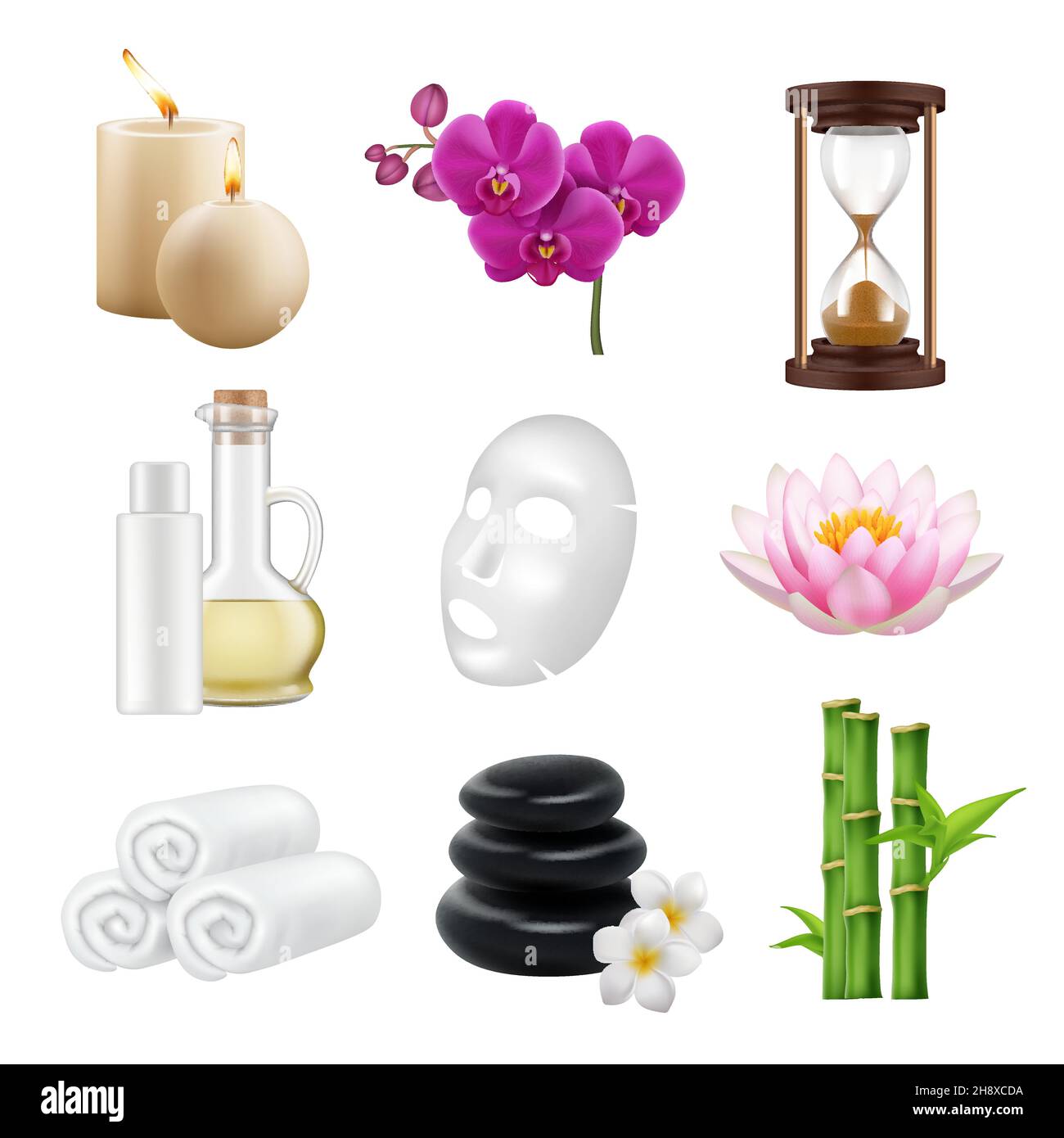 Spa realistisch. Beauty und Relax Salon alternative Medizin zen Handtuch Lotus Orchidee Bambus Steine anständige Vektor Sammlung Set Stock Vektor