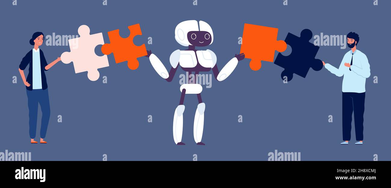 Integration von Robotik. Zusammenarbeit, geschäftliche Zusammenarbeit und Teamarbeit mit android. Roboter und Geschäftsmann, Büroangestellte sammeln Puzzles Vektor Stock Vektor
