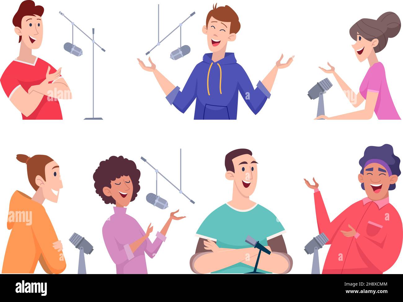 Podcast-Studio. Charaktere Dialog Audio Mikrofon Interview Kopfhörer Radio senden genaue Vektor flache Menschen in Cartoon-Stil Stock Vektor
