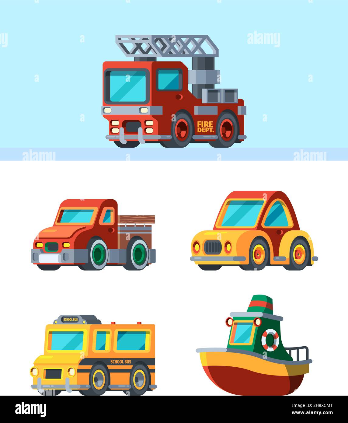 Kinderspielzeug. Stilisierte Fahrzeuge im Cartoon-Stil verschiedene Transport-Autos LKW Boote Flugzeug grellen Vektor-Illustrationen von Mini-Spielzeug Stock Vektor