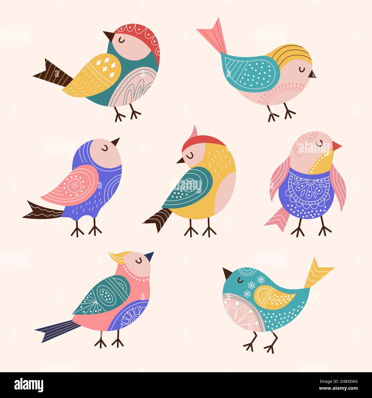 Dekorierte Vögel. Trendy stilisierte farbige fliegende Vögel mit Folk-und botanischen Grafiken authentische Dekor neuen Vektor flache Bilder gesetzt Stock Vektor
