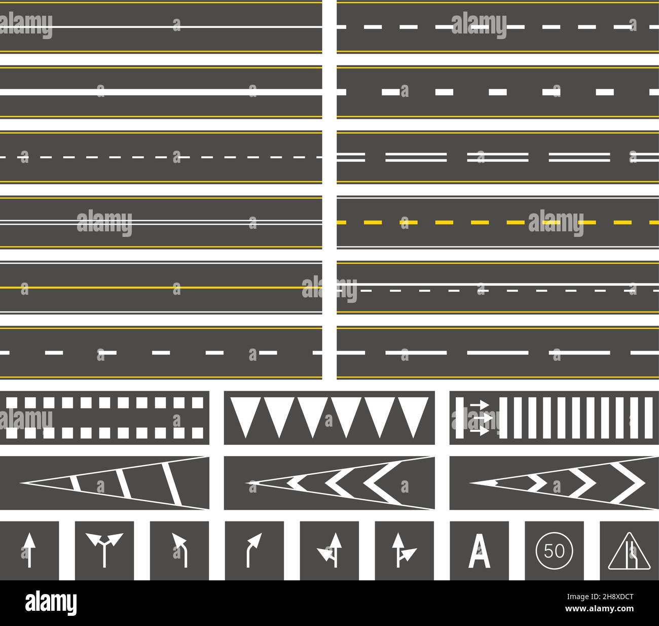 Straßenmarkierungen. Straßenlinien auf Asphalt Busbahnhof markiert Geschwindigkeit Zeichen grellen Vektor-Illustrationen gesetzt Stock Vektor