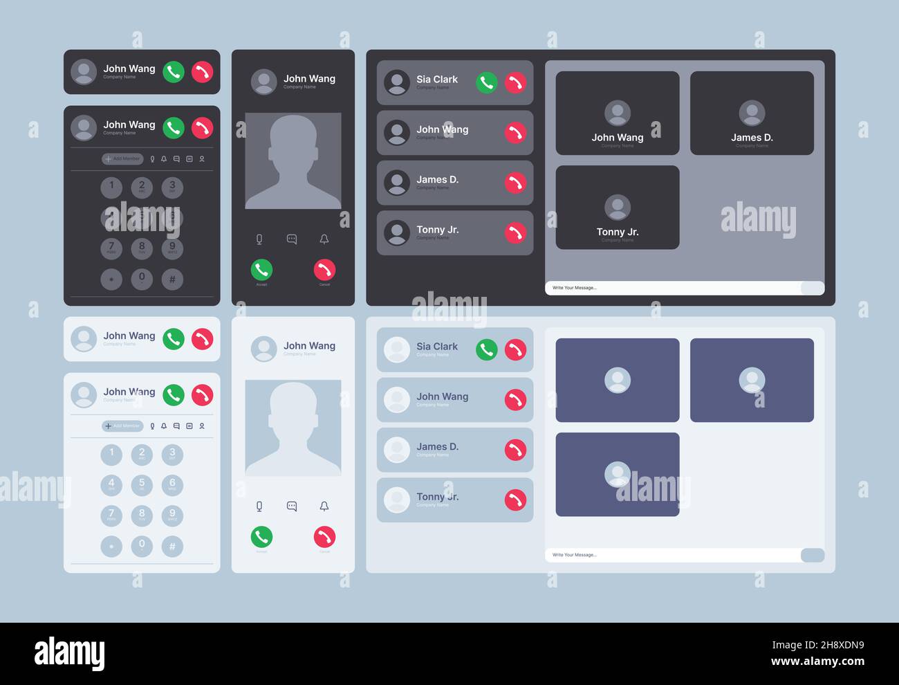 Anrufanzeige. UI-Interface-Kit mit Video ablehnen Telefon Web-Dialog-Frames und Symbole Voicemail-Fenster Kommunikationsvorlagen grellen Vektor Stock Vektor