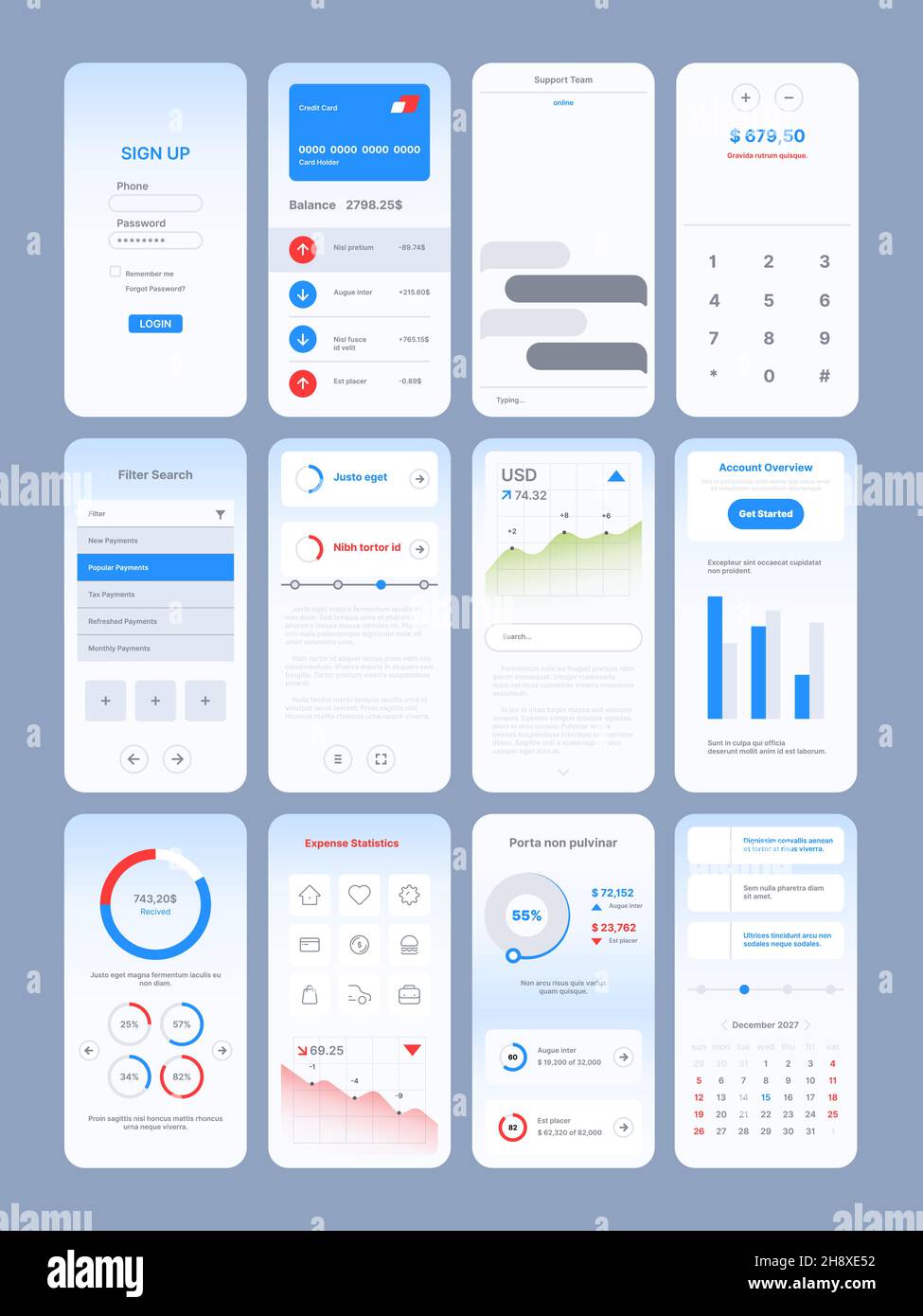 Webseiten-Design. App Online-Vorlagen mit Benutzer ui-Kit verschiedene moderne Symbole Symbole Navigationsrahmen Suchleiste Schieberegler Schaltflächen Trennwände grish Stock Vektor