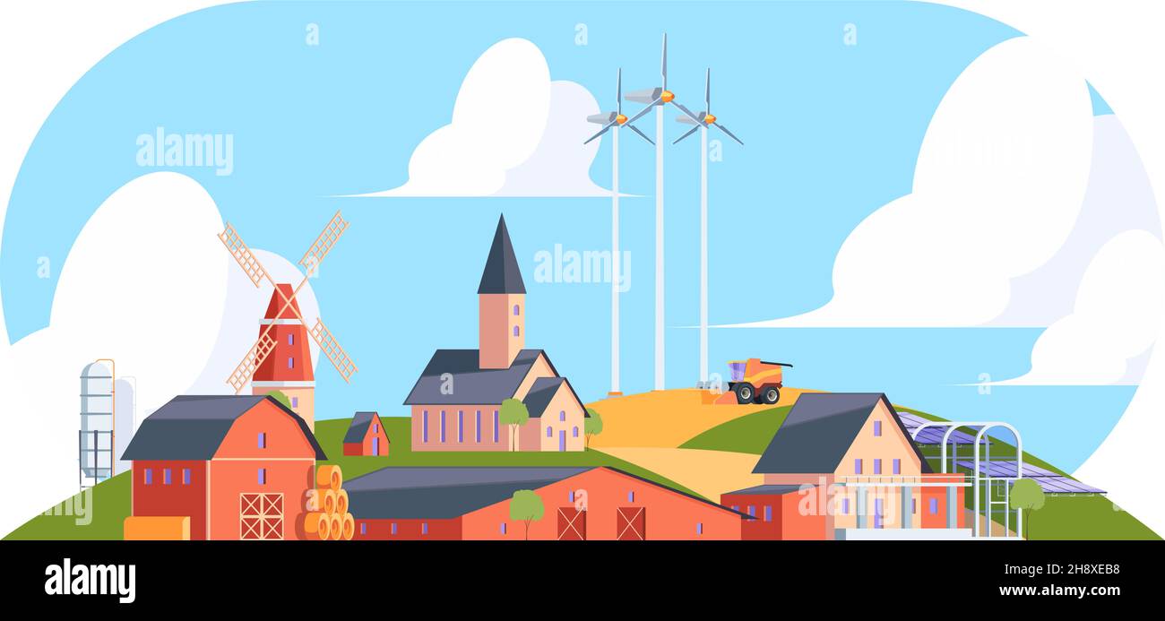 Hintergrund der Landwirtschaft. Ländliche Landschaft mit altem Dorf mit Bauernhäusern Hütten Windmühle grellen Vektor flache Abbildung Stock Vektor
