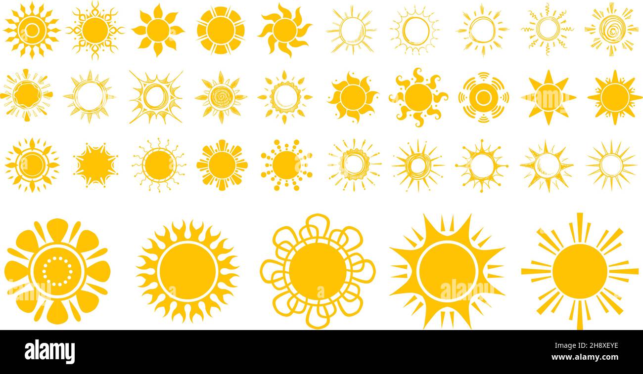 Sonnensymbole. Isolierte gelbe Sonnen, flach und skizzieren sonnige Elemente. Frühling Sommer Saison, gutes heißes Wetter Vektor-Symbole Stock Vektor