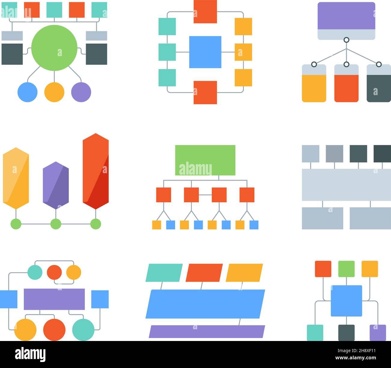 Flussdiagramm-Elemente. Infografik Vorlagen Business-Prozesse Diagramme Workflow-Diagramm-Formen mit Platz für Text grellen Vektor-Set Stock Vektor