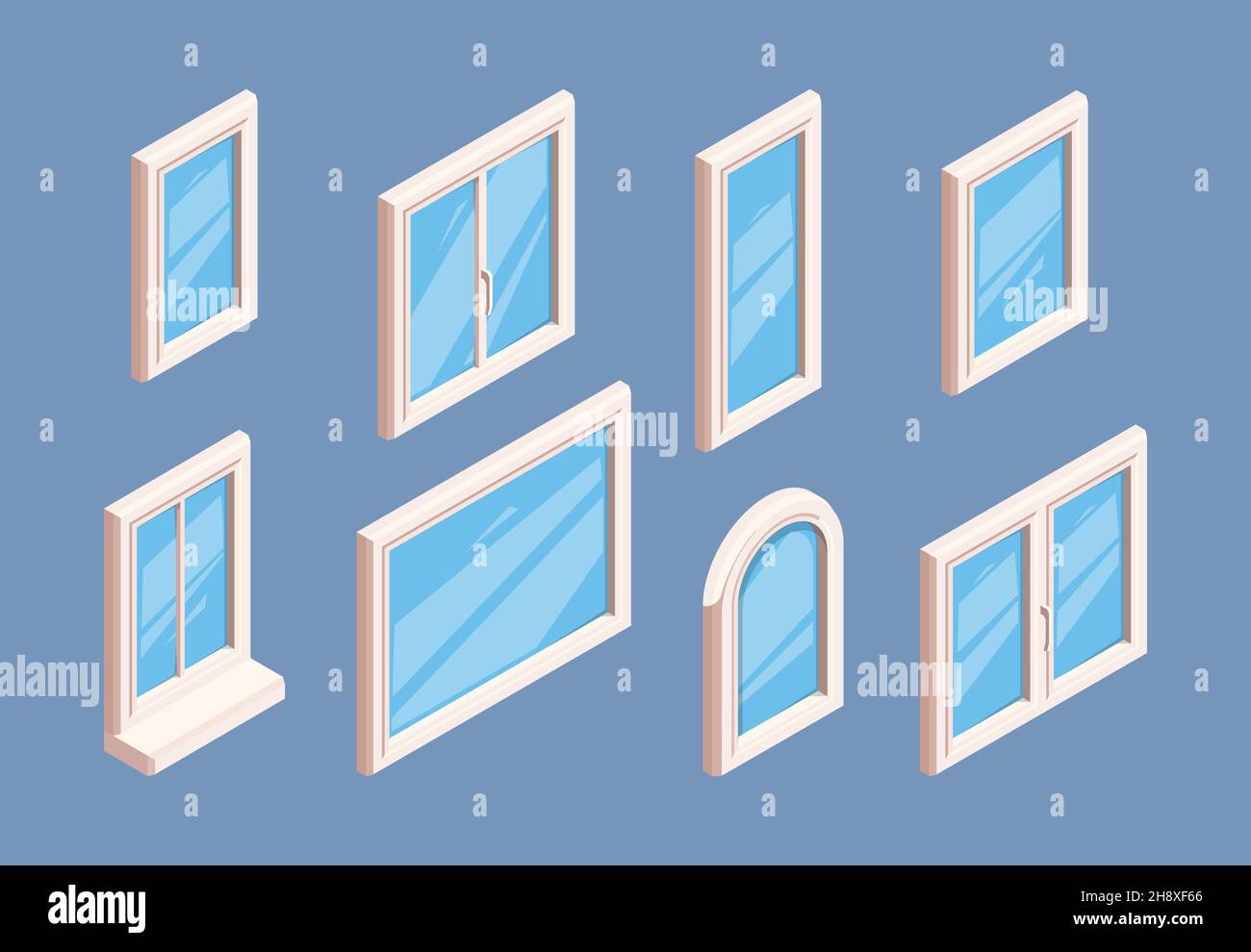 Fenster isometrisch. Industrielle Aluminium weißen Rahmen für Gläser Zimmer Innenfenster Ecken grish Vektor 3D Vorlagen Sammlung Stock Vektor