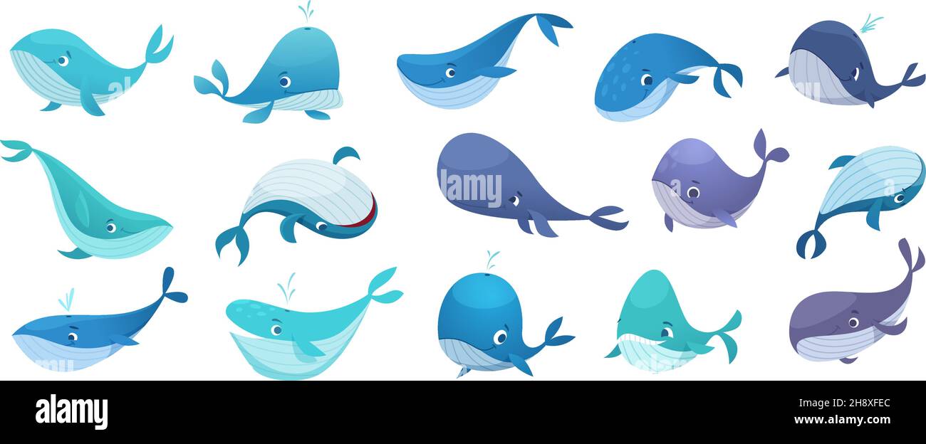 Walsammlung. Meer Unterwasserleben mit großen schwimmenden blauen Fischen niedlichen Wildwale genaue Vektor-Illustration Stock Vektor