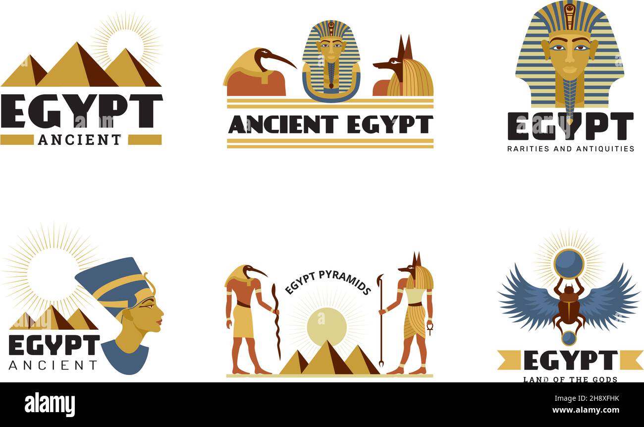 Ägypten Aufkleber. Alte Denkmäler Sphinx Statue Pyramide Wüste Reise Symbole neuen Vektor stilisierte Etiketten Stock Vektor