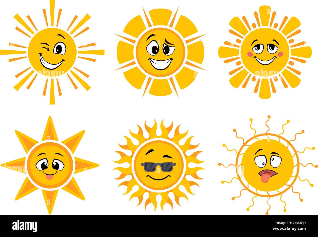 Lustige Cartoon-Sonnen. Gelbe Gesichter, Sonnensymbole mit Emotionen. Sommer heiß niedlich Vektor-Symbole Stock Vektor