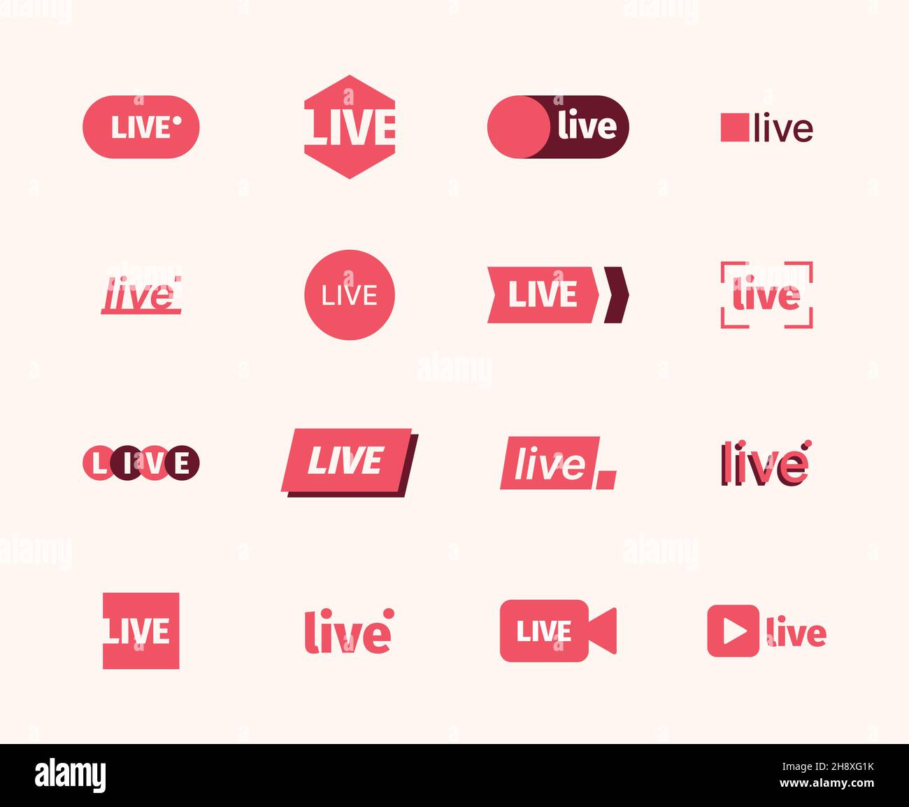 Symbol für Live-Übertragung. Spielen Video Luft Symbole tv zeigen online rot Logotypen Sammlung grellen Vektor live Symbole Sammlung isoliert Stock Vektor