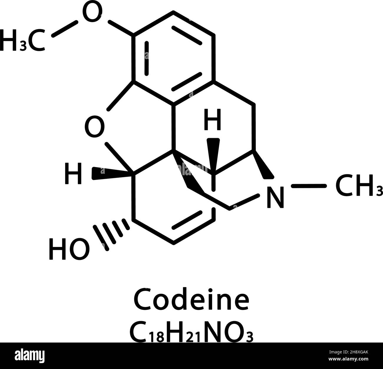 Molekulare Codein-Struktur. 3-Methylmorphin skeletale chemische Formel. Vektordarstellung der chemischen Molekülformel Stock Vektor