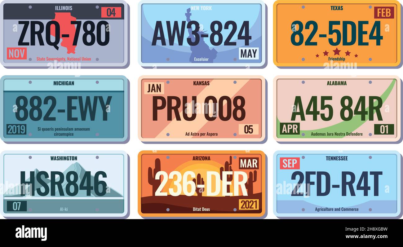 Kfz-Lizenznummern. Stahlplatten mit Zahlen für Fahrzeuge amerika colorado texas nebraska grellen Vektor-Vorlagen Stock Vektor