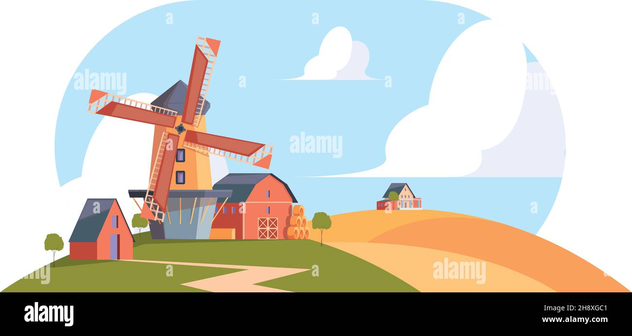 Windmühlen im Dorf. Cartoon ländlichen Hintergrund landwirtschaftliche Landschaft mit Gebäuden Wassertürme Windmühlen grellen Vektor flache Illustration Stock Vektor