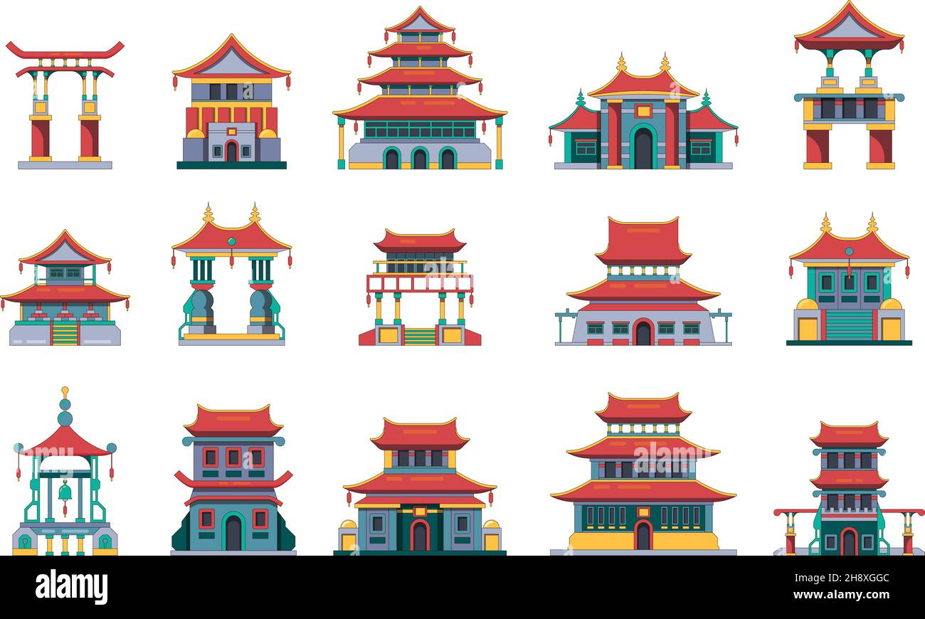 Asiatische Gebäude. China traditionelle palazzo alte Häuser Pagode architektonischen Gebäuden grellen Vektor flache Illustrationen Sammlung Stock Vektor