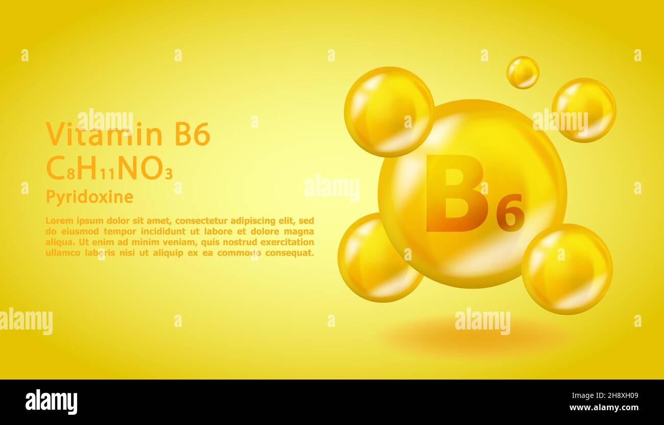 3D Vitamin Molecule B6 Pyridoxin-Design. Realistischer B6 Pyridoxin-Vitamintropfen. Gelbe Abbildung des Ernährungskomplexes. Stock Vektor