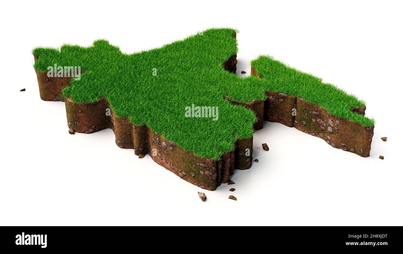 3D Darstellung einer Karte von Bangladesch mit Grasstruktur auf weißem Hintergrund Stockfoto