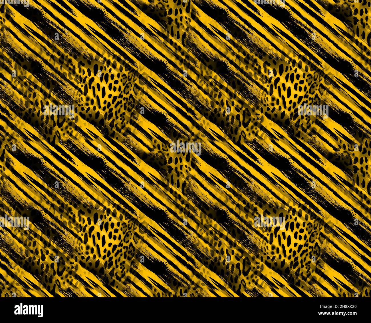 Abstrakte Handzeichnung Pelz-Pinselstriche Nahtloses Leopard Geparden Tierhaut Nahtloses Muster mit alter Textur Hintergrund.Tie Dye Gradient Horizontal Stockfoto