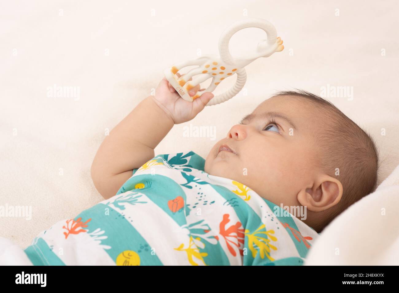3 Monate alter Junge Nahaufnahme, als er auf das Spielzeug aufblickte, das er in der Hand hält Stockfoto