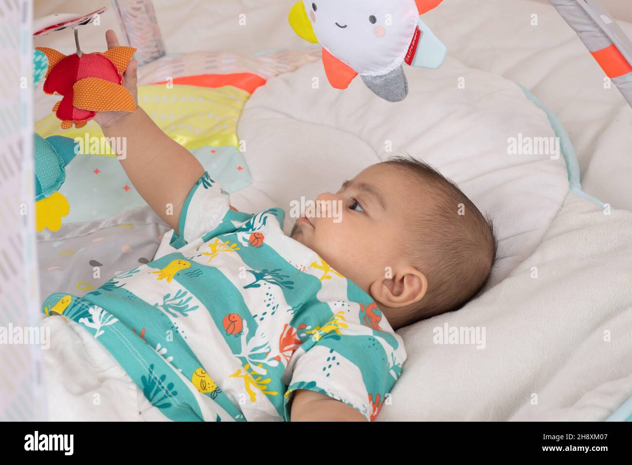 3 Monate alter Junge auf dem Rücken, der nach Spielzeug greift und es berührt, das an der Spielzeugbar hängt Stockfoto