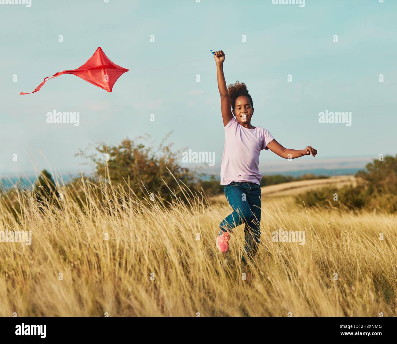 Kind Sommer Spaß Lifestyle Freund Kite Outdoor Mädchen Feld Freude Kindheit laufen Stockfoto
