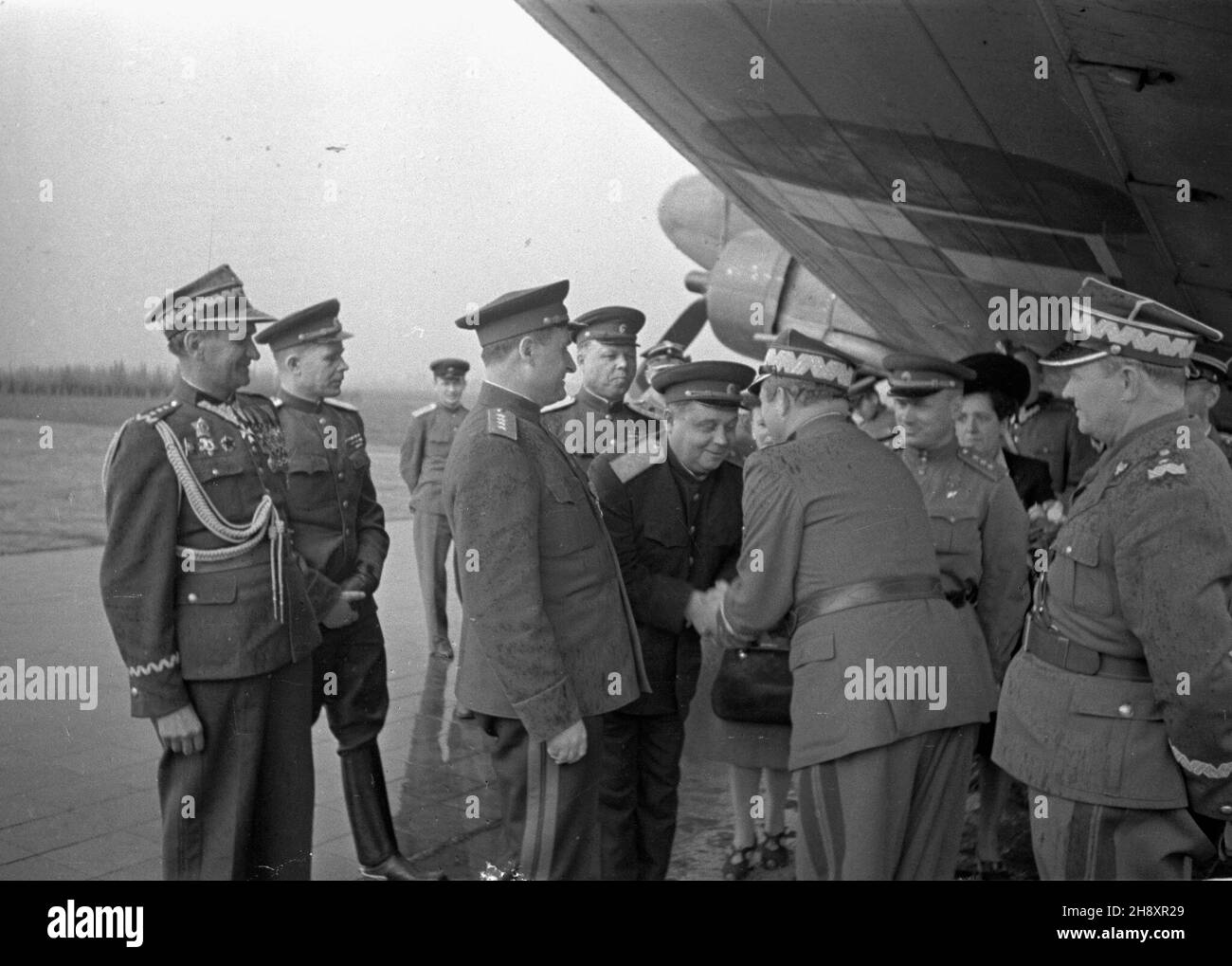 Niemcy, Berlin, 1946-04-28. Przylot polskiej delegacji wojskowej w sk³adzie: marsza³ek Micha³ Rola-¯ymierski (wita siê), genera³owie W³adys³aw Korczyc (1L) i Stanis³aw Zawadzki (1P). ps/pp PAP/Karol Szczeciñski Deutschland, Berlin, 28. April 1946. Ankunft einer polnischen Militärdelegation, darunter: Marschall Michal Rola-Zymierski (Händeschütteln), Generäle Wladyslaw Korczyc (1st links) und Stanislaw Zawadzki (1st rechts). ps/pp PAP/Karol Szczecinski Stockfoto