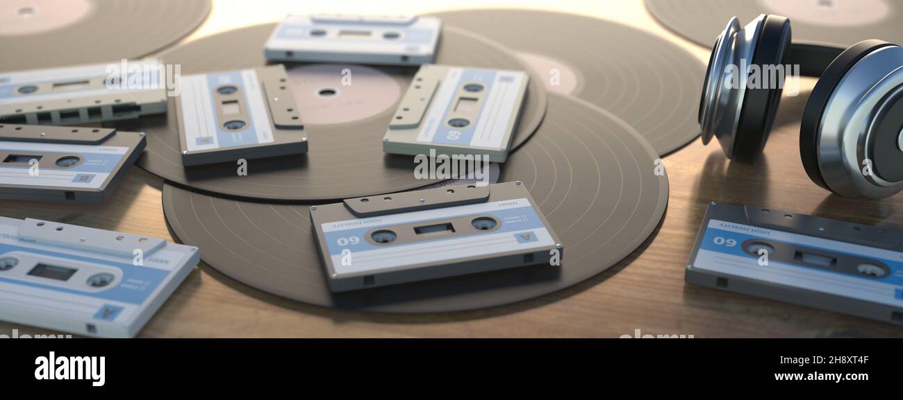 Retro-Musik, Kassetten und Schallplatten auf Holztischhintergrund, Banner. Audioplayer für alte Lieder, 80s Partymix. 3D Abbildung Stockfoto