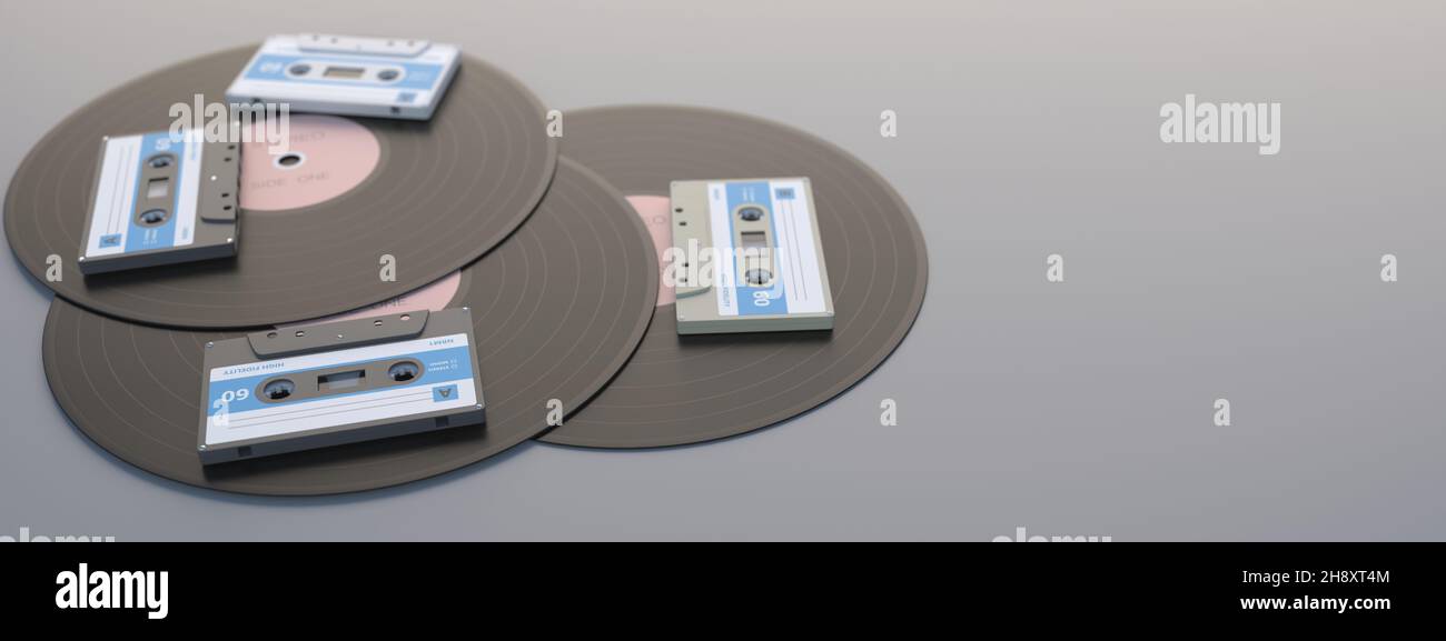 Retro-Audiokassetten und Schallplatten auf grauem Hintergrund, Banner, Raum. Alter Musik-Player, 80s Party-Mix. 3D Abbildung Stockfoto