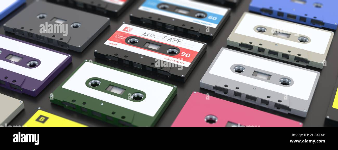 Retro-Musik, Audiokassettenbänder mit Etiketten auf schwarzem Hintergrund, Banner. Alter Liederspieler, 80s Partymix. 3D Abbildung Stockfoto