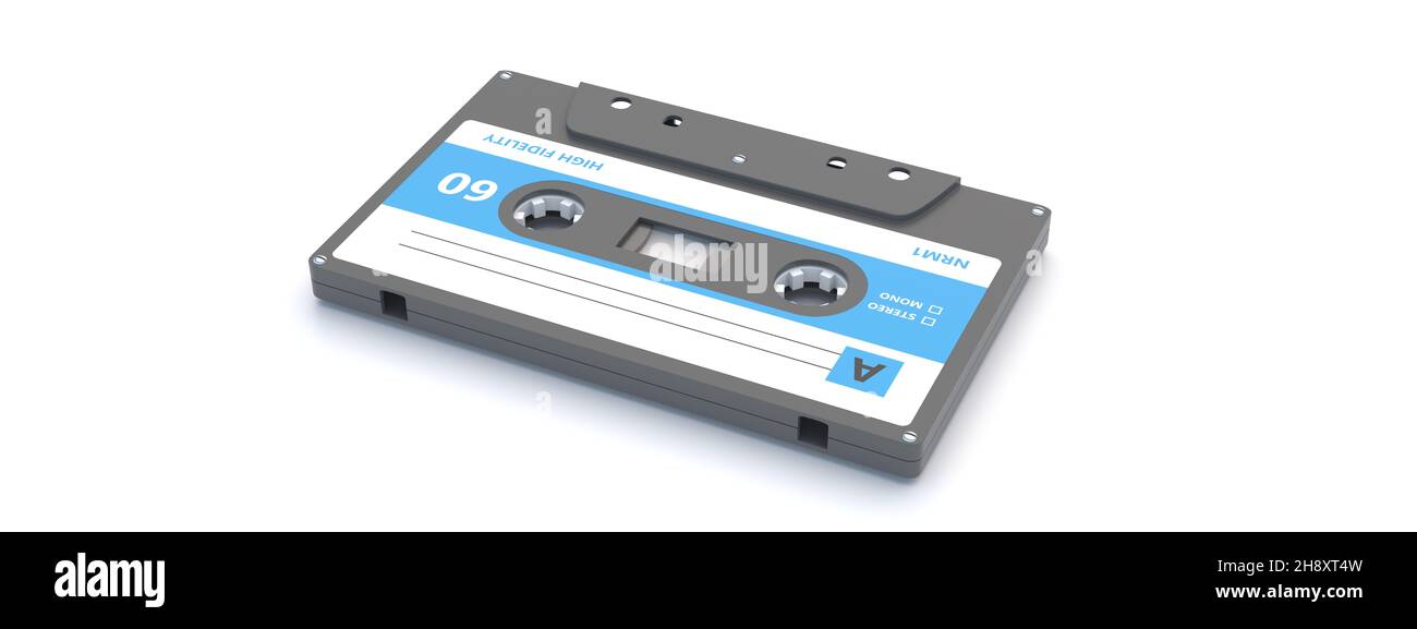 Retro-Audiokassettenband mit leerem Etikett auf weißem Hintergrund isoliert. Alter Musik-Player, 80s Party-Mix. 3D Abbildung Stockfoto