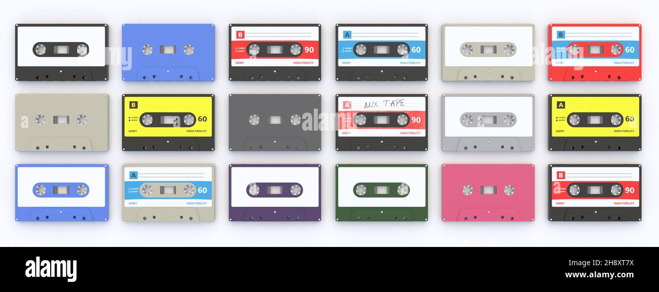 Sammlung von Retro-Audiokassetten auf weißem Hintergrund, Banner. Alter Musik-Player, 80s Party-Mix. 3D Abbildung Stockfoto
