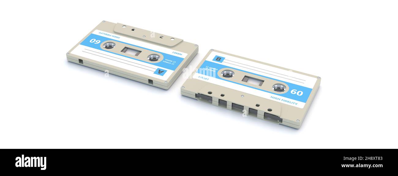Retro-Audiokassettenbänder mit leeren Etiketten auf weißem Hintergrund isoliert. Alter Musik-Player, 80s Party-Mix. 3D Abbildung Stockfoto
