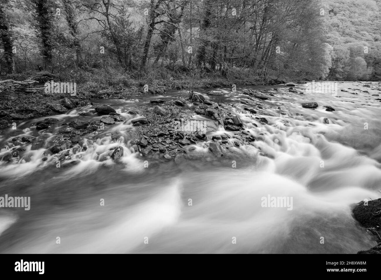 Langzeitbelichtung des East Lyn River, der durch das Doone Valley bei Watersmeet im Exmoor National Park fließt Stockfoto